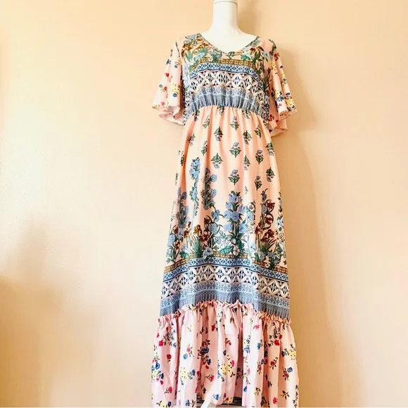 Shein Dresses | Shein Curve Pink, Blue Yellow & Brown Floral Ruffled Maxi Dress. | Color: Blue/Pink | Size: 0x | Flower0455'S Closet